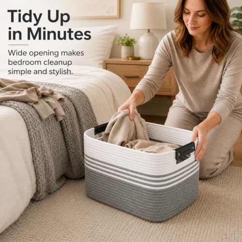 Image of 19.2GAL Sturdy Large Laundry Basket with Handles for Bathroom, Dorm Dirty Clothes, Portable Aesthetic Boho Cute Woven Storage Blanket Baskets for Living Room Decor Girls Boys Pets Toys Mix Black