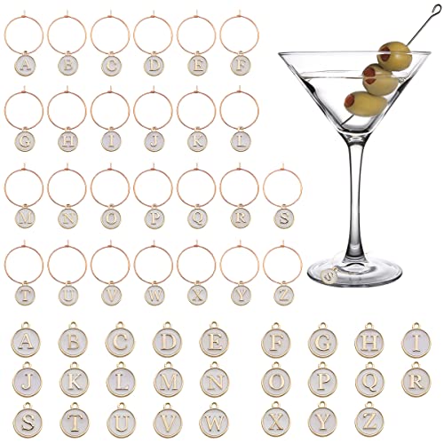 REDANHA 56 Pieces Wine Charms Drink Alphabet Markers for Stem Glasses Cup Tags with Hanging Rings Letters Markers for DIY Decorations and Wine Party (White)