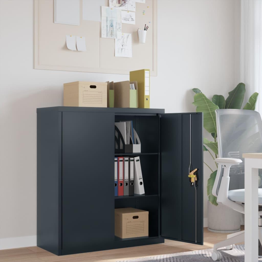 Stabiler Aktenschrank aus Stahl in Anthrazit 90x40x105 cm, Einfach zu montierender Büroschrank mit 2 verstellbaren Einlegeböden, Aktenschrank mit Zwei Türen für Büro zur