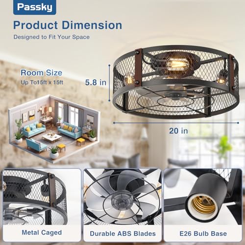 Image of Passky 20 inch Farmhouse Flush Mount Ceiling Fans with Lights and Remote, Industrial Black Caged Low Profile Fandelier, 6 Speeds Bladeless Ceiling Fan for Bedroom, Kitchen, Living Room