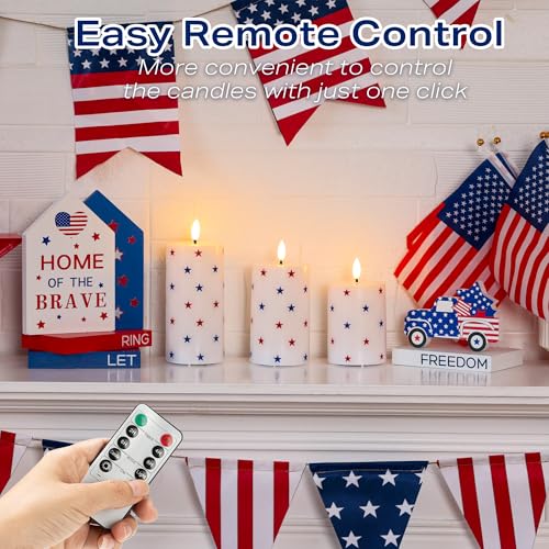 Image of JOIONE Patriotic Flameless Pillar Candles with Remote, 3 Pack Home Decor | Battery Operated, Star Sticker, Real Wax, Remote Control, Warm Flickering Glow, 4th of July Independence Day Party Decor