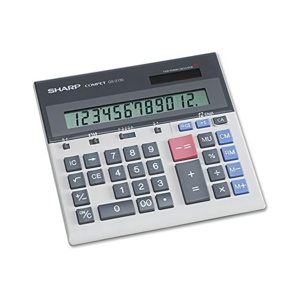Sharp QS-2130 12-Digit Commercial Desktop Calculator with Kickstand, Arithmetic Logic, Battery and Solar Hybrid Powered LCD Display, Great For Home and Office Use,Gray and Black Small