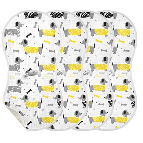 Muslin Baby Burp Cloths Set of 4, Soft Absorbent Cute Dachshund Dogs Cotton Burping Cloth, Milk Spit Up Rags for Newborn Unisex, 22 x 11 Inch