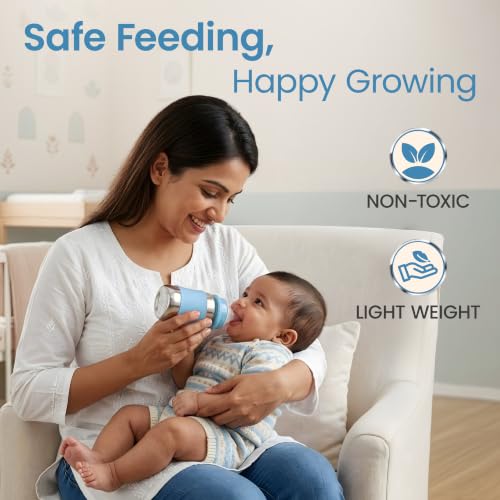 Image of LuvLap Baby Steel Feeding Bottle 140ml, Made of SS304 Rust Free Steel, Baby Milk /Water Bottle with Dust Cover, Heat Protective Silicone Cover, BPA Free, Odour Free, Leak Proof, Sky Blue, 0M+