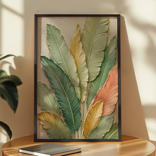 Image of NoWorries 3D Tropical Leaf Wall Painting with Frame Set of 1 | Premium Textured Green Botanical Leaves Artwork, Luxury Nature Wall Decor for Living Room, Bedroom, Office and Home Decoration (3d Art-18,17x25inch)