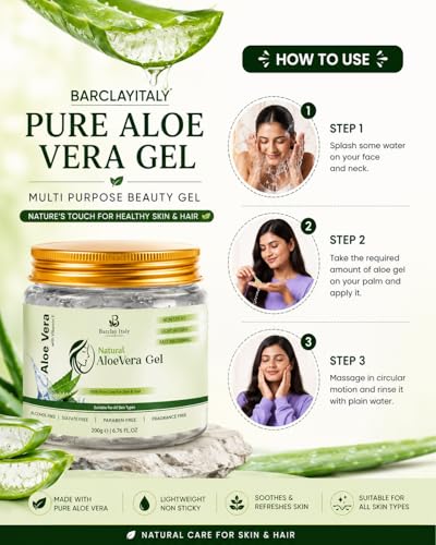 Image of Aloe Vera Gel with Vitamin E 200g | Pure Natural Gel for Face, Hair, Skin & Body | Soothing Moisturizer for Dry, Oily & Sensitive Skin | Hydrating Gel for Sunburn, Acne & Dandruff Care (Pack of 3)