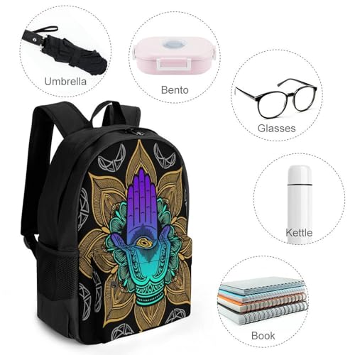 Supdreamc Men Women Polyester Multicolor Hamsa Hand Ornate Amulet Lotus Ethnic Indian Art Casual Daypack Large Capacity Carry On Bag With Adjustable Shoulder Straps for Camping Work Running4