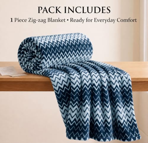Image of SANMARINO Premium 300 GSM Double Bed Flannel Blanket | Ultra Soft Zig Zag Plush Blanket | All Season Lightweight & Cozy | AC Blanket for Bed, Sofa, Couch, Travel & Camping | 220x230 cm,Blue