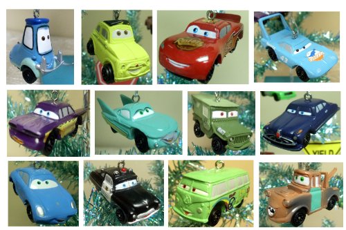 Cars 14 Piece Holiday Christmas Tree Mini Ornaments Set Featuring Luigi, Guido, Sheriff, Sally, The King, Flo, Chick Hicks, Hudson Hornet, Filmore, Ramone, Sarge, Mack, Lightning McQueen, and Mater Ornaments