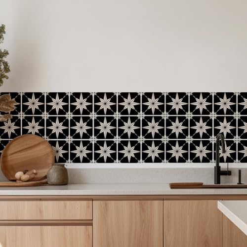 Star Compass Peel & Stick Tile Stickers 30-Pack, 4 x 4 Inch Black-White Waterproof Removable Vinyl Backsplash Decals for Kitchen, Bathroom, Laundry, RV & Stair Risers (Black)