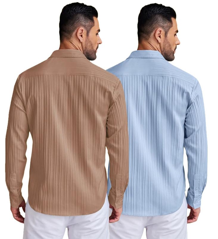 Image of DEELMO Combo of Men's Casual Button Down Shirts Long Sleeve Linen Shirt Fashion Textured Summer Shirts Pack of 2