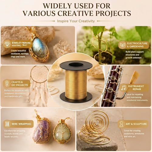 Image of Therwen 50ft 18 Gauge Brass Wire for Gardening, Electroculture, Bonsai, Jewelry Making Beading DIY Craft Pure Bare Brass Wire Spool