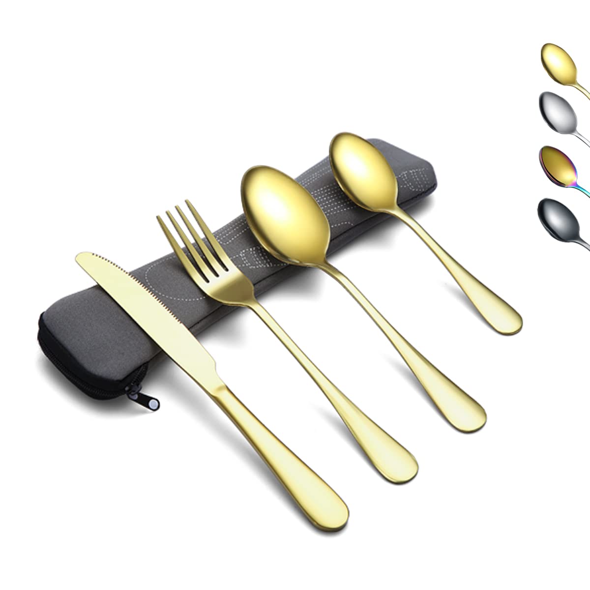 Evanda 2. Gold Portable Utensils, Travel Camping Cutlery Set, Stainless Steel Flatware Set Travel Silverware Dinnerware Set Fork Spoon Knife With A Portable Case (Gold)
