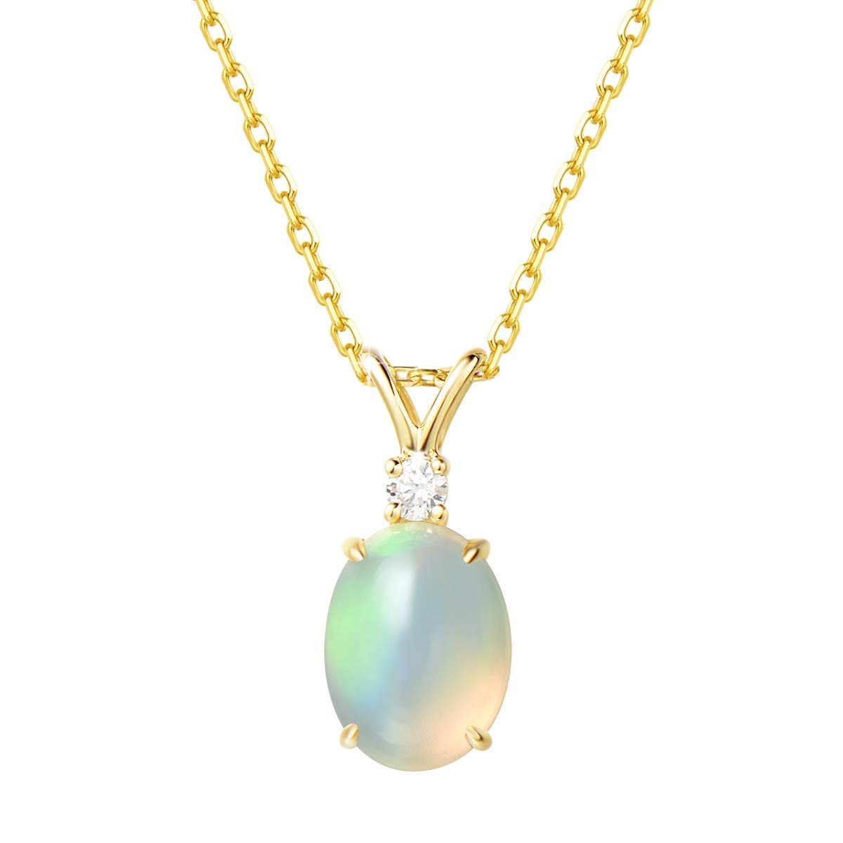 FANCIME585 Yellow Gold 0.035ct Diamond 0.8ct Oval Opal Pendant Fine Dainty Jewellery Necklace Anniversary Christmas Holiday Gifts For Women Girls, 16" + 2" Extender