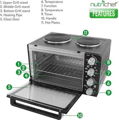 NutriChef 30 Quart Kitchen Convection Oven & 2 Burner Cooker - 1500 Watt Oven - 7 Cook Functions Rotisserie, Cook, Bake, Broil & More - Includes Baking Tray, Skewers & Handles - 19.6 x 16.0 x 13.5 IN - Image 3