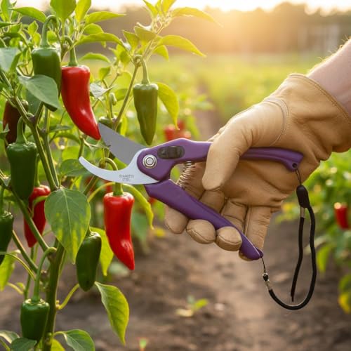 Image of Garden Pruning Shears, Stainless Steel Blades, Green Handle, Spring Loaded with Safety Lock and Wrist Strap