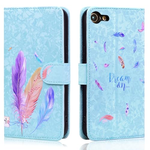 Aisenth Wallet Case for iPhone 7/8 (4.7 inch), Flip Case for iPhone SE 2nd/3rd Generation, Colorful Feather PU Leather Phone Cover for Girls, with Magnetic Closure, Kickstand, Card Slots, Blue
