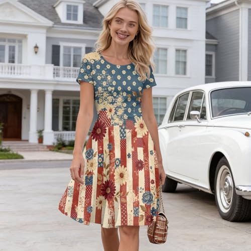Image of HUGS IDEA Womens Puffy Swing Midi Dress Round Neck Short Sleeve Party A-Line Dresses