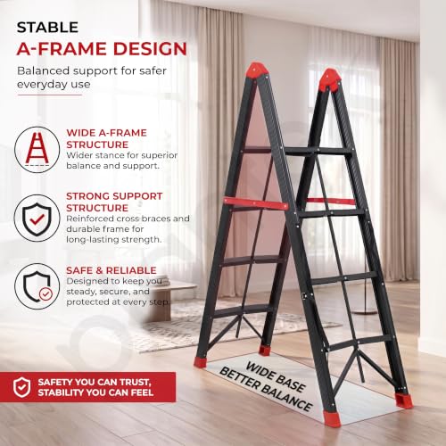 Image of Plantex Ladder for Home 4 Steps /Foldable Heavy-Duty A-Frame Step Ladder /Home, Office & Warehouse - (Red & Black,150 kg Capacity)
