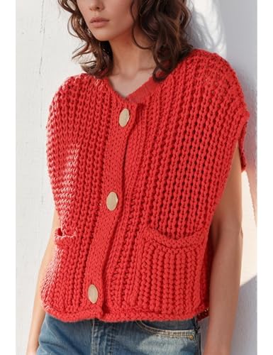 Image of Women's Sleeveless Chunky Knit Cardigan V-Neck Button Down Vest Casual Loose-Fitted Crochet Sweater with Pockets 2024