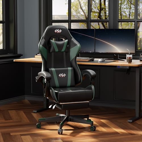 HLDIRECT Gaming Chair with Pocket Spring Cushion, Video Game Chair, Gaming Computer Chair, Ergonomic Chairs with Headrest and Lumbar Support for Adults, Swivel PU Leather Office Chair, Black & Green - Image 3