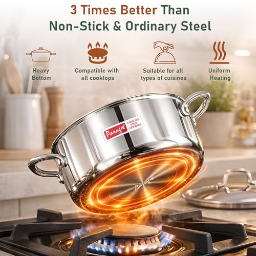 Image of Parage Tripure Triply Stainless Steel Biryani Pot Handi Casserole 1700 ML with Stainless Steel Lid for Induction & Gas