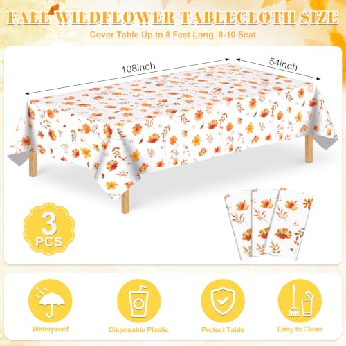 Image of 3 Pack Fall Wildflower Plastic Tablecloths, 54 X 108In Autumn Tablecloth