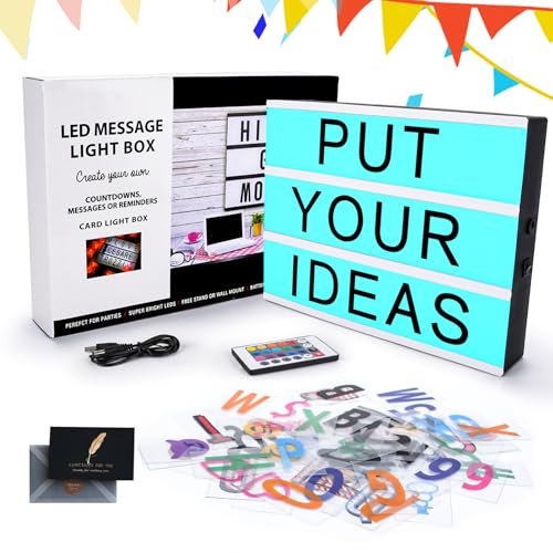 KIMIGO Caixa de luz LED, cartaz luminoso LED com 16 cores, 294 letras e emomojis, controlo remoto, alimentado por USB e bateria, caixa de luz de cinema A4 para decoração, casamento, aniversário