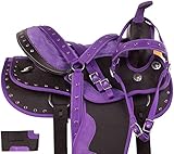 Western Horse Saddle Set, 15 inch, Black and Purple, Synthetic Leather with Crystal Studs (14