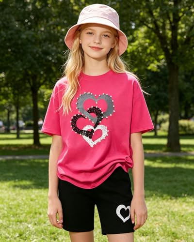 Image of 9-16Y Tween Girl Clothes 2 Piece Short Sleeve Heart Print Top and Shorts Teen Girl Summer Outfits Short Set
