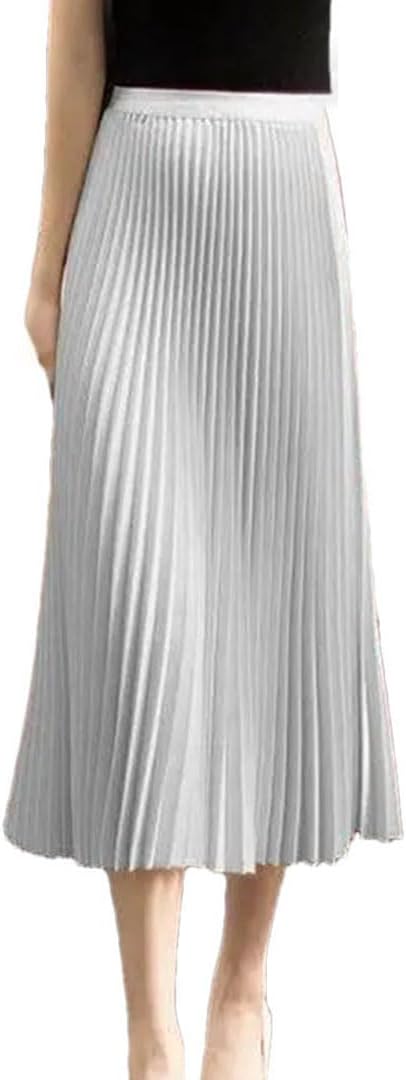 Womens Solid Color Pleated Straight Skirt Elastic Waist Long Dress