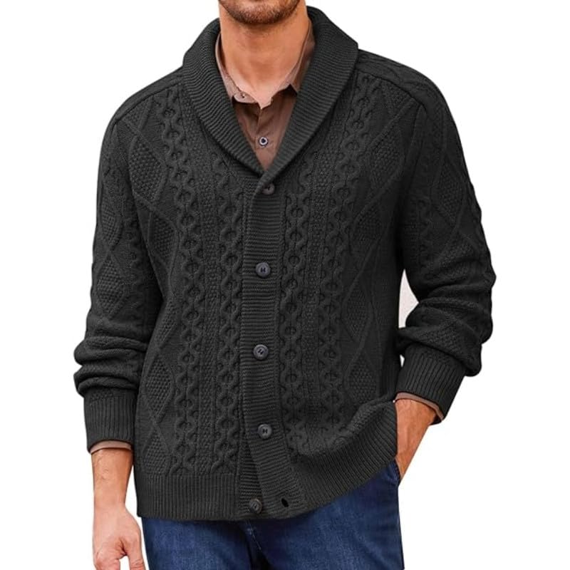 ftk Men's Cable Knit Shawl Collar Cardigan Sweater with Buttons for Autumn and Winter-picture-33