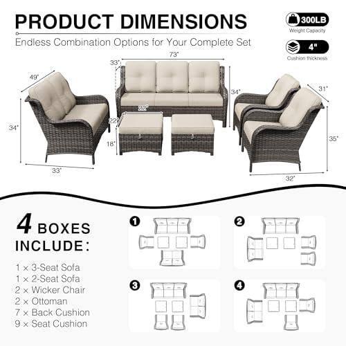 Image of Joyside 6 Piece Wicker Patio Furniture Set, Rattan Patio Chairs with High Back, Deep Seating, Wide Armrest, Thickened Cushions, Outdoor Furniture for Deck, Porch Use