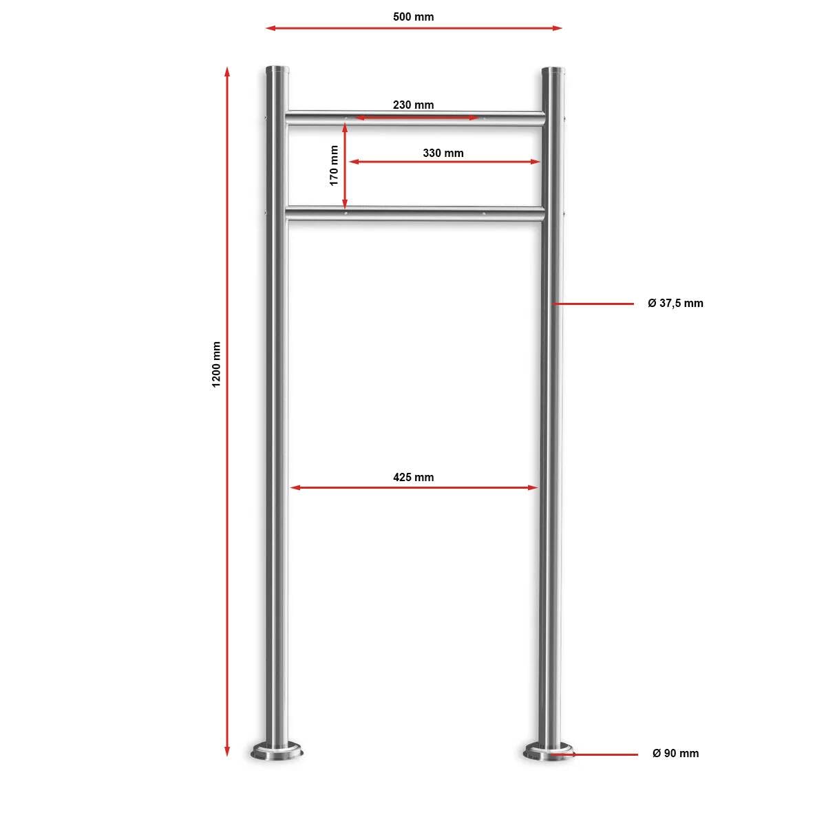 Metzler Erpo - Support de boîte aux lettres en acier inoxydable V2A - Support de boîte aux lettres autonome de 120 cm - Pied de boîte aux lettres résistant aux intempéries et inoxydable avec matériel