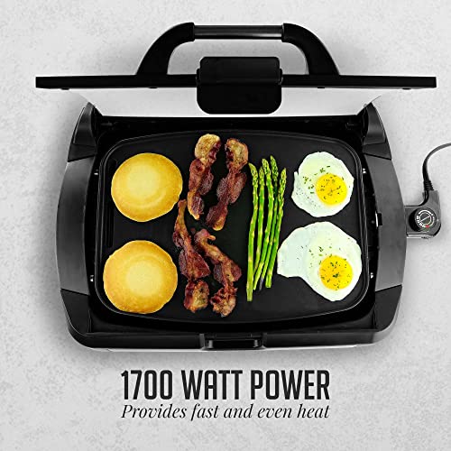 Ovente 2-In-1 Electric Grill And Griddle With Removable Tempered Glass Cover, 1700W Fast Heating Ceramic Non-Stick Plate Perfect For Indoor Bbq Cooking Breakfast, Pancake, Bacon And Egg, Black Gr2001B #TOP2