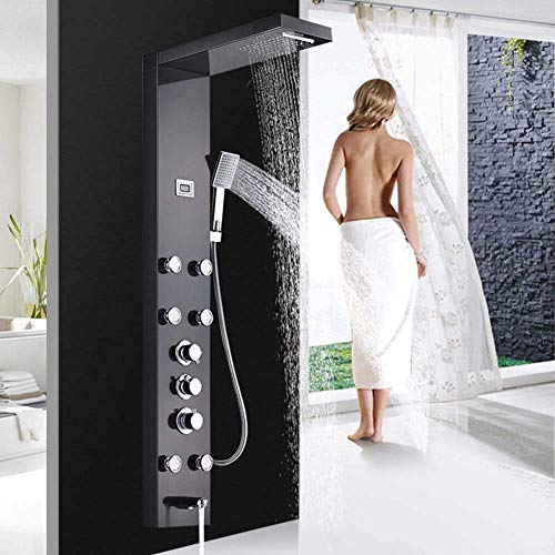 Saeuwtowy Shower Panel Tower System Wall Mounted Bathroom Column Shower Faucet Waterfall Rainfall Oil Rubbed Bronze with Spa Massage Jets Sprayer Tub Spout Hand shower