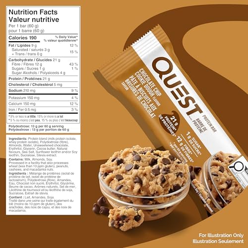Quest Nutrition Chocolate Chip Cookie Dough Flavour Protein Bar, High Protein, High Fibre, Low Sugar, Keto Friendly, 21g Protein, 1g Sugar, 12ct - 1