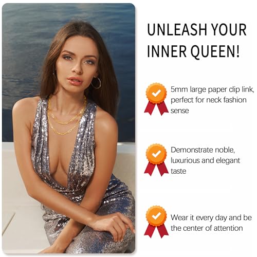 Italy 5mm Solid 18K Gold Over 925 Sterling Silver Paperclip Chain Necklace for Women, Women's Chain Necklace for Women, Shiny & Sturdy & Not Easy to Fade & Comfortable 16 18 20 22 24 26 Inch2