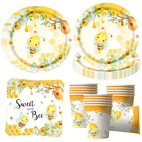 OMZSXK Biene Partygeschirr für 16 Gäste,Bee Partyteller Party Deko Geschirr,Bienen Pappteller Pappbecher Servietten,Biene Party Dekorationen Mädchen Junge Kindergeburtstag Deko