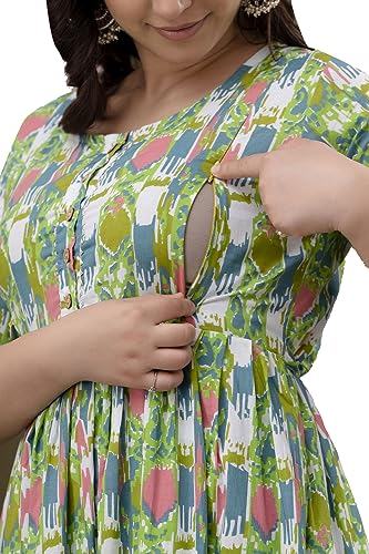 Image of The Moon Star Women's Cotton Floral Printed Anarkali Maternity Feeding Kurti | Breastfeeding Dress for Mothers | Zipper Feeding Kurti, Nursing Kurti, Comfortable and Trendy Maternity Wear