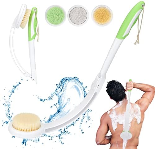 LYIGEOL 19" Foldable Extra Long Handle Curved Body Scrub Bath Brush, 3 in 1 Back Shower Brush Scrubber Set for Cleaning, with Sponge Pumice Head, Suitable for Elderly Seniors aid Men and Women