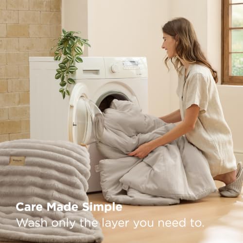 Image of Bedsure Gentlesoft 2-in-1 Full Comforter Set and Detachable Fluffy Blanket, Beige Bedding Set for All Season Use, Detachable Design for Space Saving (Includes 2 Pillow Shams, 2 Pillowcases)