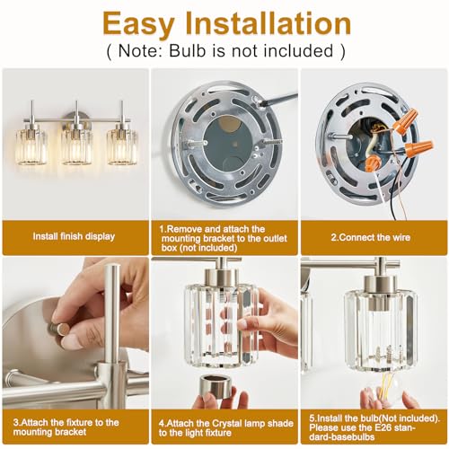 Image of EJIAXIN 3 Light Crystal Bathroom Light Fixtures, Brushed Nickel Vanity Mirror Lights, Crystal Bath Vintage Wall Mounted Lamps Wall Light Fixtures for Bathroom, Living Room