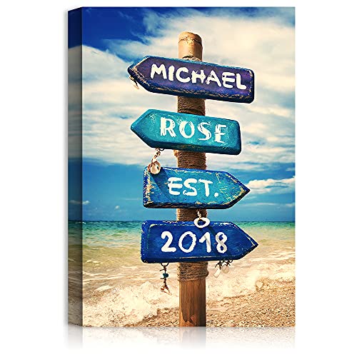 A&T ARTWORK Blue Sea Signport Personalized Canvas Prints Gift Couple's Names Sea and Love Sign Gift for Anniversary,Valentine's day,Wedding. 24x16 inches