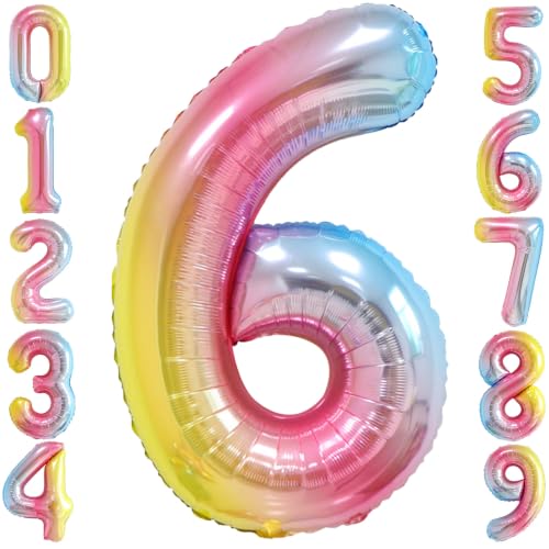 Image of Rainbow Gradient Number 6 Balloon 40 Inch Big Large Balloons 0-9 | 6th Helium Foil Mylar Number Balloons for Birthday Anniversary Party Decorations
