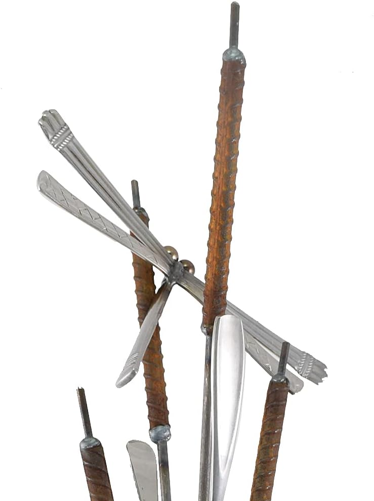 American Made Rusty Cattails Garden Stake and Upcycled Flatware Sculpture with Dragonfly, 34"