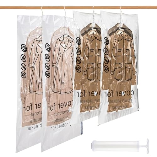 Bolsas colgantes de almacenamiento al vacío, 4 Piezas Bolsas Vacio Ropa, 135x70cm, 110x70cm, Bolsas al Vacio para Guardar Ropa con Bomba para Trajes, Abrigos, Chaquetas