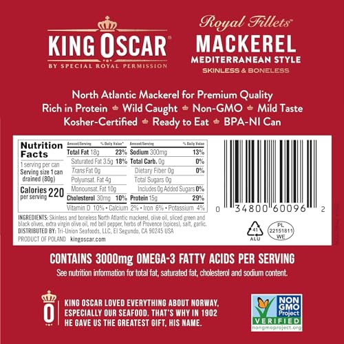 Image of King Oscar Skinless & Boneless Mackerel Fillets, Mediterranean Style, 4.05 -Ounce Cans (Pack of 6)