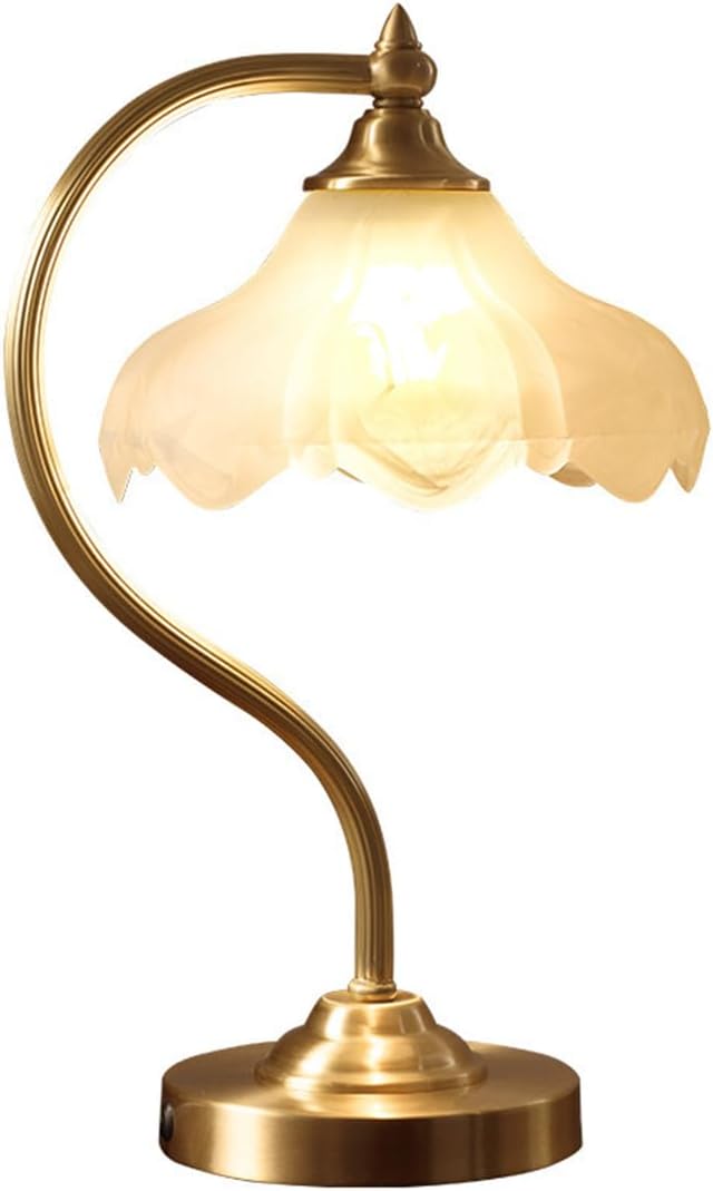 Brass Table Lamp Mid Century Modern Table Lamps Gold Desk Lamp with Flowers Glass Shade Glass Nightstand Lamp Rustic Table Lamp for Farmhouse End Table Bedside Bedroom Living Room