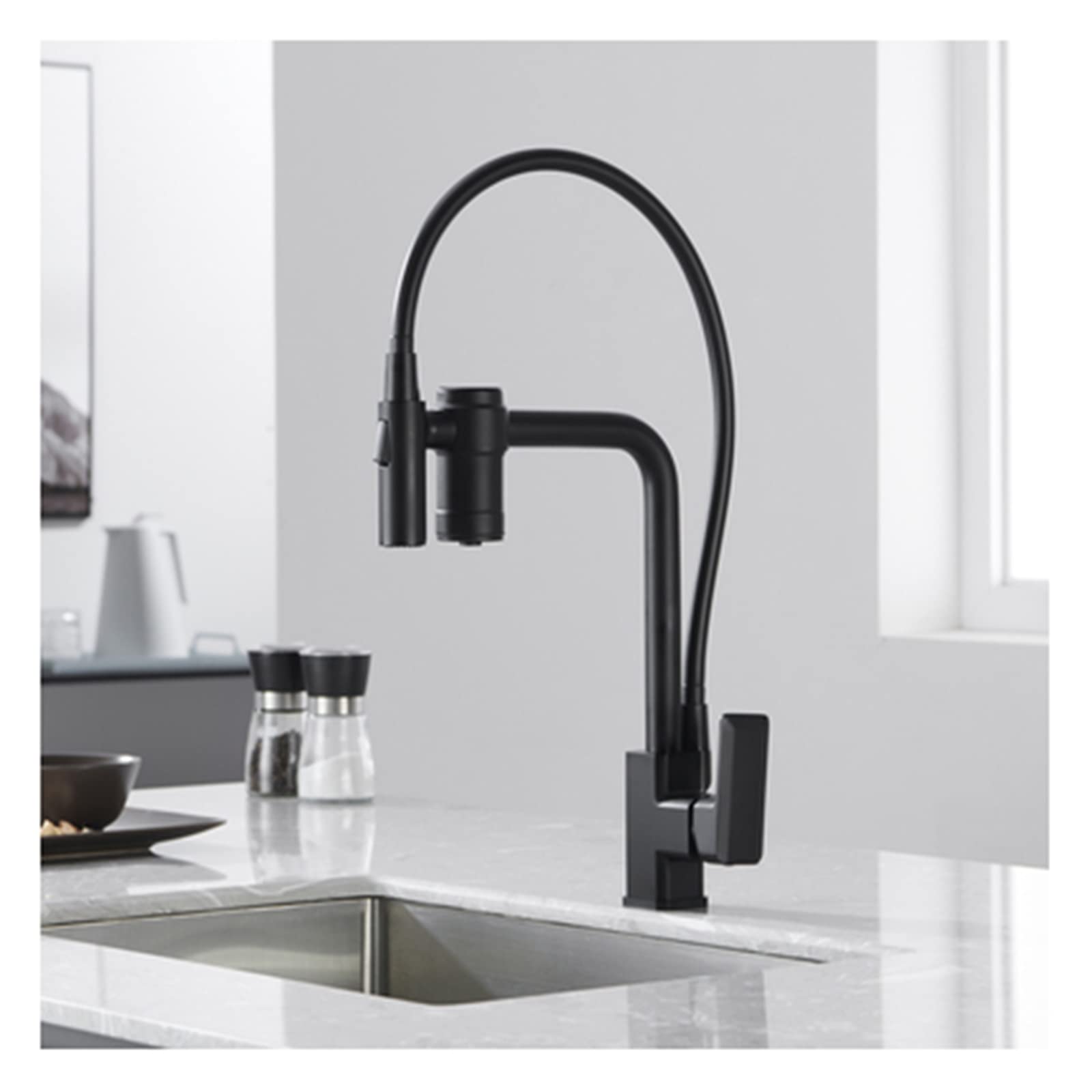 2In1 Kitchen Faucet with Filter Water and Pull Down 2-Function Sprayer, 360 Swivel Purification Mixer Taps, Solid Brass Single Handle Hole Sink Faucet,Gray(Nero)